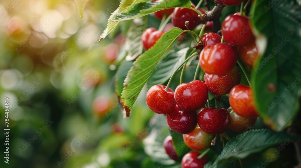 Fresh cherries hanging from a tree, perfect for summer fruit concept