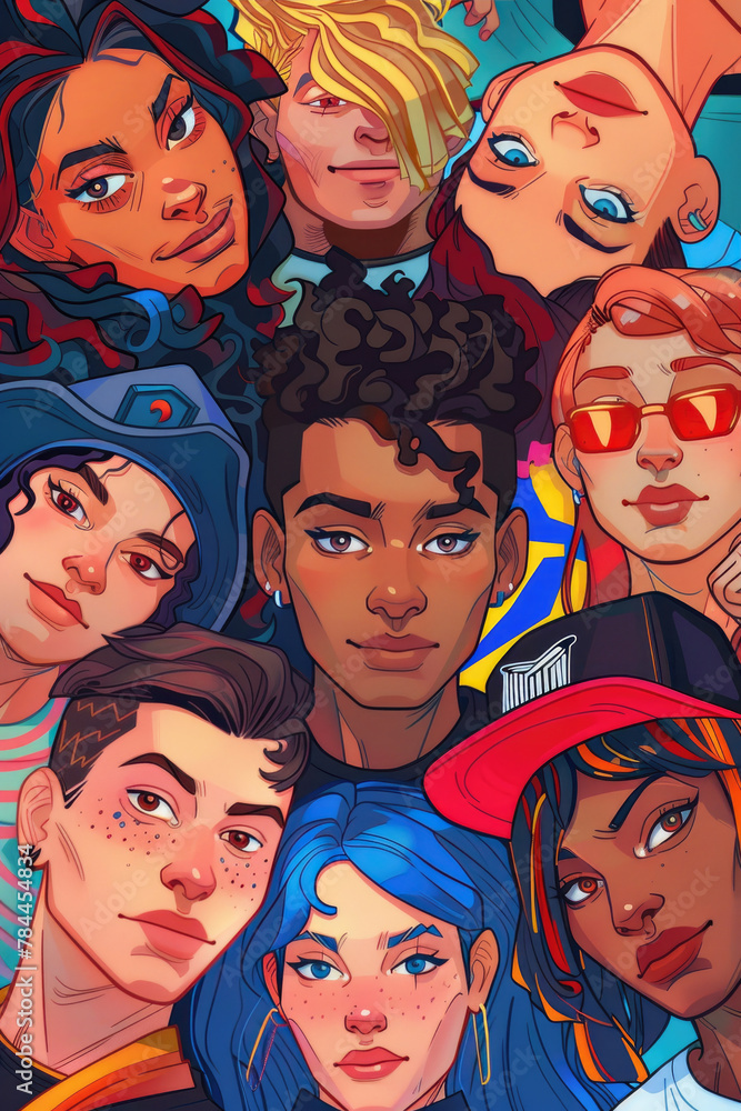 Illustrate a group of diverse individuals at eye level using pixel art, showcasing unity and diversity in a vibrant digital rendering