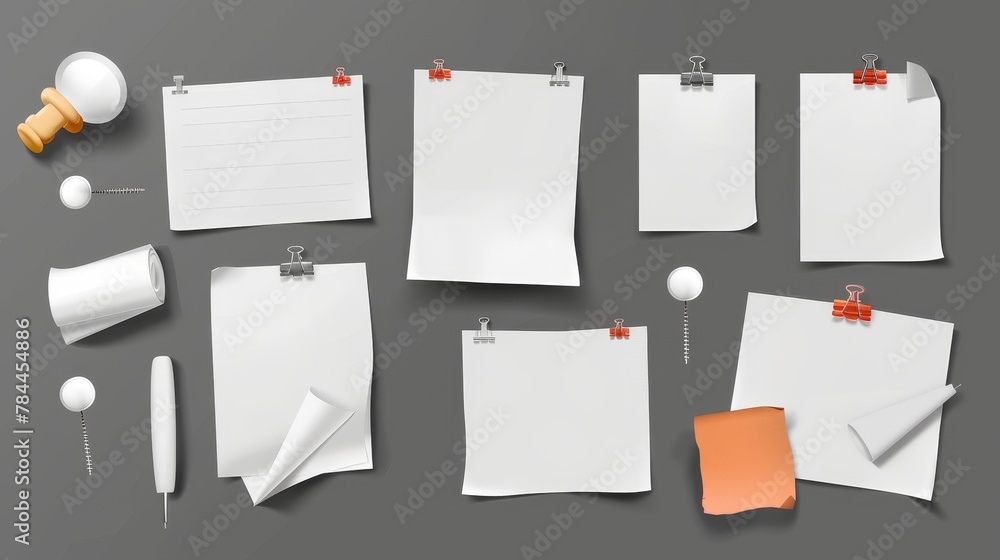 Office stationery isolated on white background with pins, white stickers, or notepads with curled corners and pushpins. Empty notes for memos, modern illustration of 3D office stationery for memo Office stationery isolated on white background with pins, white stickers, or notepads with curled corners and pushpins. Empty notes for memos, modern illustration of 3D office stationery for memo