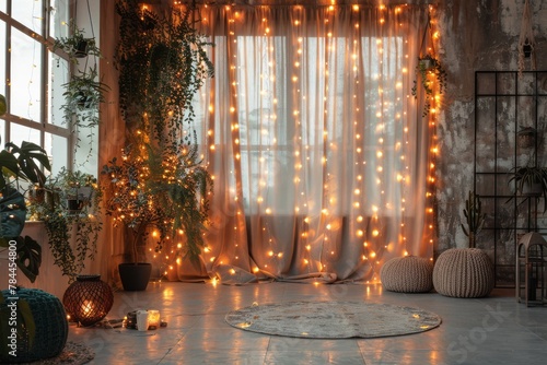 A warm and inviting room lit with string lights, featuring plants and cozy decor for a magical ambiance