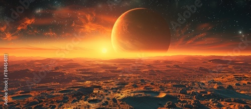 Stunning Interstellar Odyssey Landscape with Glowing Planet and Fiery Cosmic Backdrop