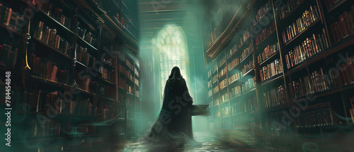 Mysterious figure, cloak, lurking in an abandoned library filled with whispering books, foggy evening, digital painting, silhouette lighting, Chromatic Aberration effect