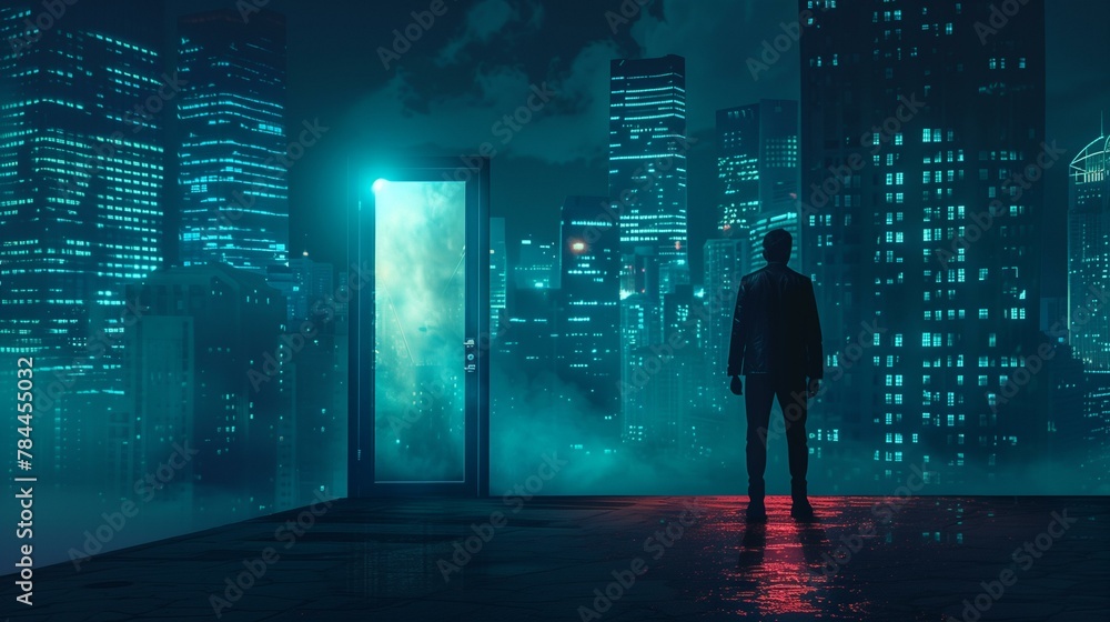 Obscurity concept, man standing in front of door in city, building exterior dark glowing data Obscurity concept, man standing in front of door in city, building exterior dark glowing data