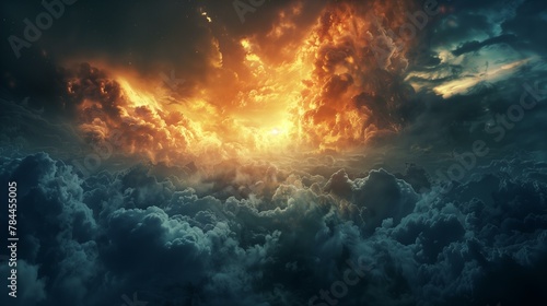 Revelation concept, fiery explosion in sky, overcast heaven summer climate sunrise