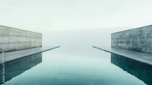 Convergence, pool in concrete building, empty summer space corridor photo