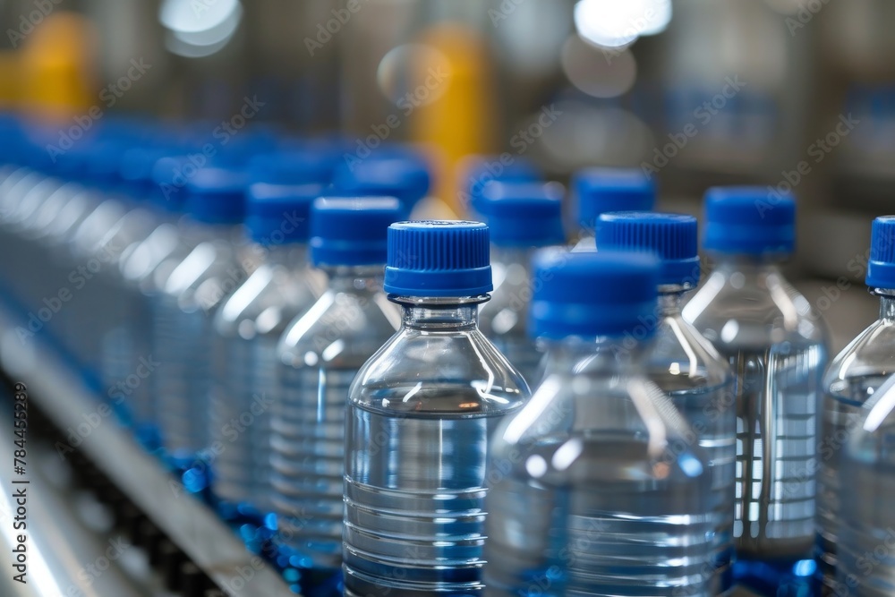 A close-up picture showcasing blue-capped water bottles on a production conveyor belt with industrial background A close-up picture showcasing blue-capped water bottles on a production conveyor belt with industrial background
