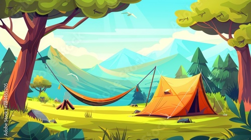 Modern cartoon illustration of a summer mountain camp with a tent and hammock on a tree with tourist camping equipment  grill  axe and wood  treehouse and beautiful landscape.