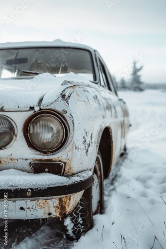 An old car covered in snow  perfect for winter themes