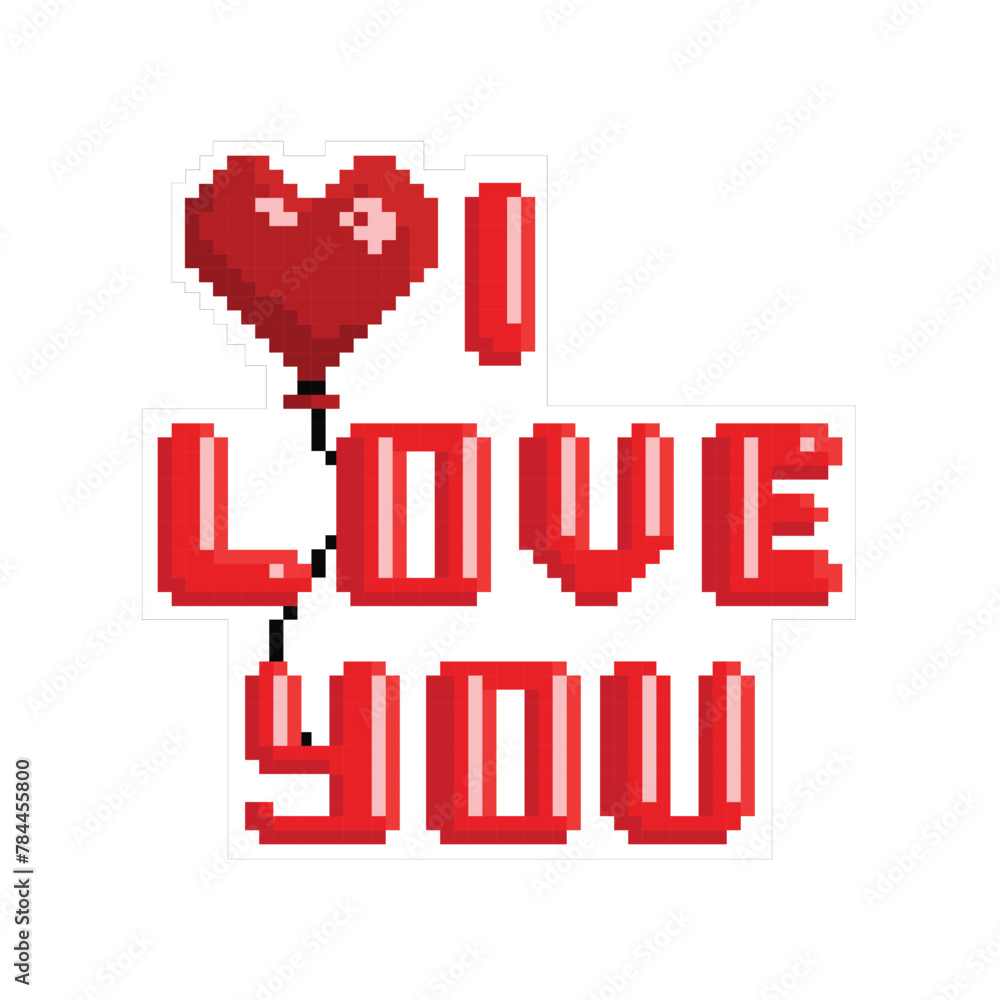 Pixelated vector illustration with red lettering I love you and a red heart-shaped balloon