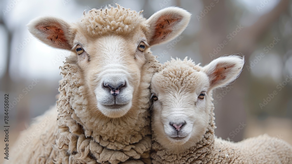   Two sheep standing beside each other atop a verdant field, surrounded by trees in the distance