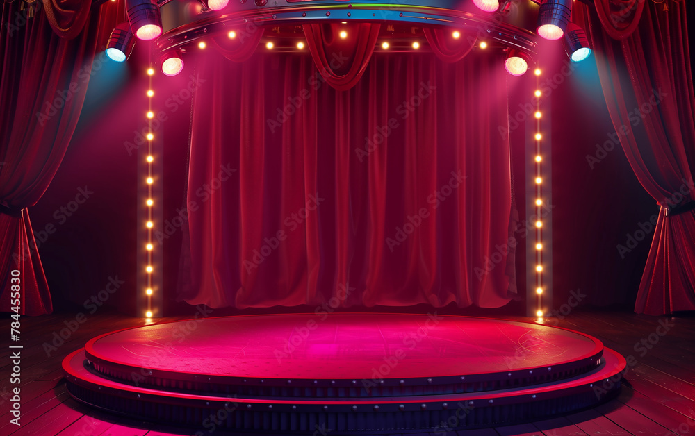 Circus stage podium background with carnival light and red show curtain ...
