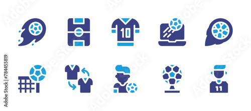 Football icon set. Duotone color. Vector illustration. Containing footballfield, soccerball, broadcast, shoot, soccer, footballjersey, footballshirt, footballtrophy, footballplayer.