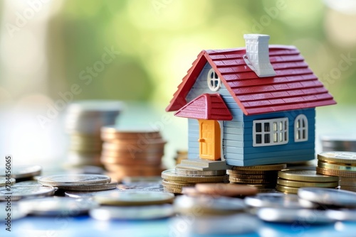 A small toy house next to a stack of coins on a blurred background symbolizes invests, savings, buying and selling real estate, your own dream home with copyspace for text
