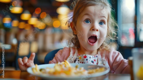 A young girl sitting at a table with a plate of food. Perfect for illustrating mealtime or family dining scenes