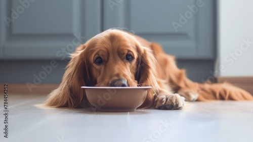 Close up puppy eating food in sunlit kitchen, concept of pet care, animal behavior with copyspace 