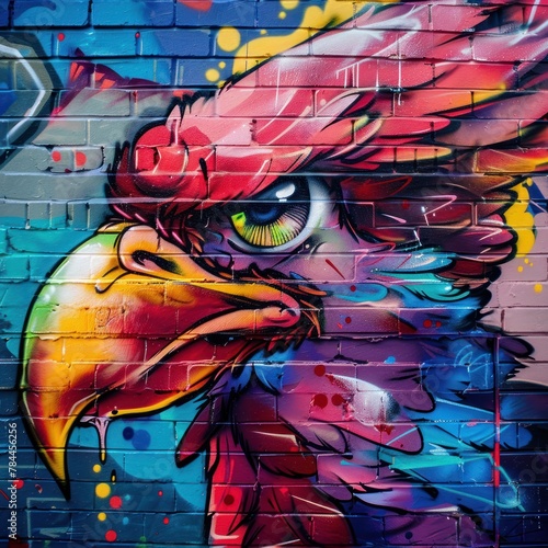 A colorful graffiti of eagle on brick wall