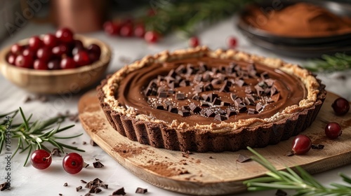   A chocolate tart atop a wooden cutting board Nearby, a bowl of cherries on the table photo