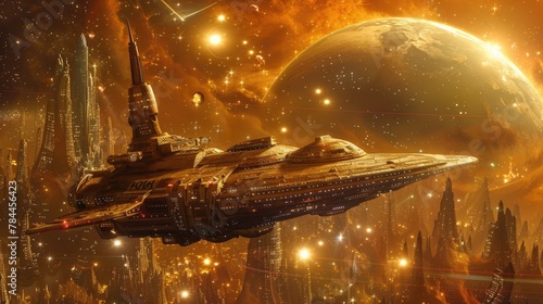 Epic Starship Traversing Expansive Interstellar Landscape amid Glowing Celestial Phenomena in Sci Fi Futuristic Setting