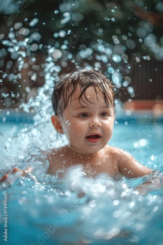 A small child having fun in a pool. Suitable for family and summer themes