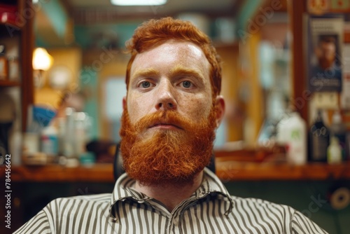 A man with a beard getting a haircut in a barber shop. Ideal for barber shop promotions