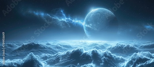 Ethereal Celestial Landscape with Glowing Planet and Swirling Cosmic Clouds © Sittichok