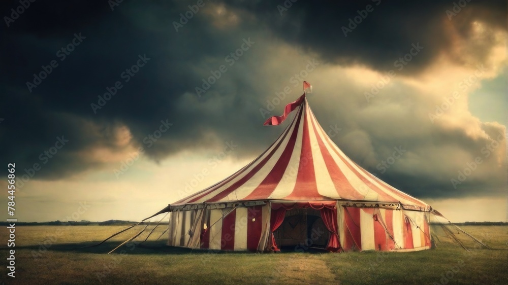 Vintage circus tent in an open field with dramatic clouds