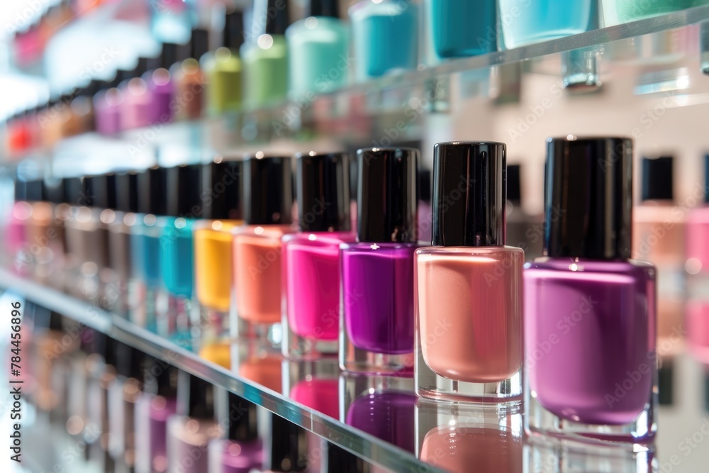 Line of various colored nail polish bottles arranged neatly on a shelf in a modern beauty salon Line of various colored nail polish bottles arranged neatly on a shelf in a modern beauty salon