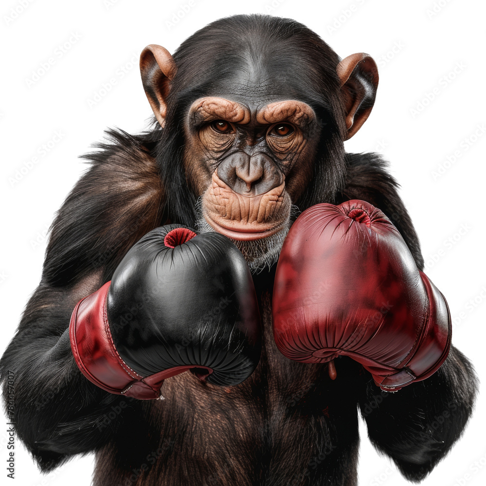 Monkey wearing boxing gloves on transparent background
