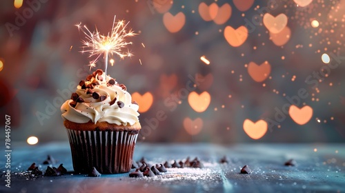 Sparkling cupcake with a lit sparkler on a bokeh background, celebration concept with festive dessert. Homely baked good to brighten festive moments. AI