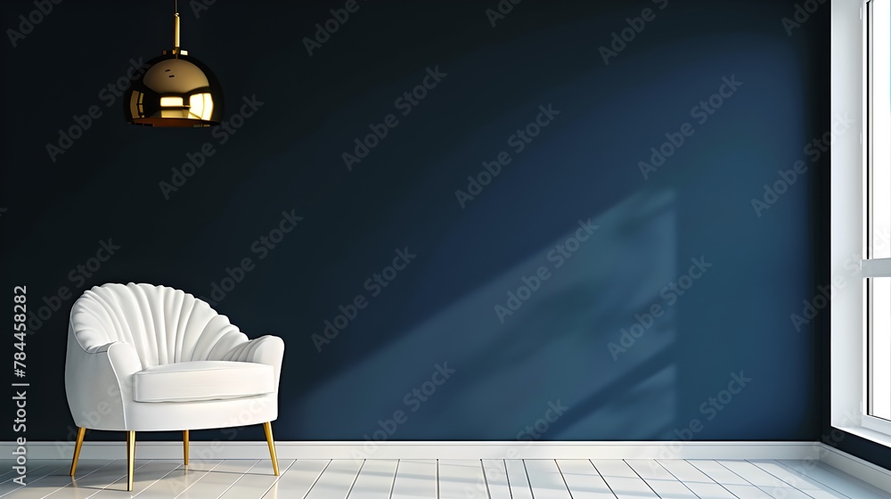 © Irina Ukrainets - Modern minimalist living room with elegant armchair and stylish pendant lamp. Navy blue wall background, interior design concept. Perfect for home decor and magazines. AI © Irina Ukrainets - Modern minimalist living room with elegant armchair and stylish pendant lamp. Navy blue wall background, interior design concept. Perfect for home decor and magazines. AI