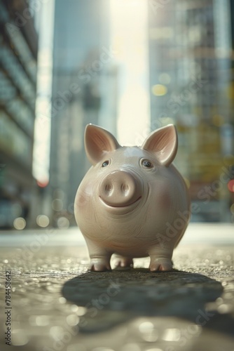 Piggy bank on city sidewalk, financial concept
