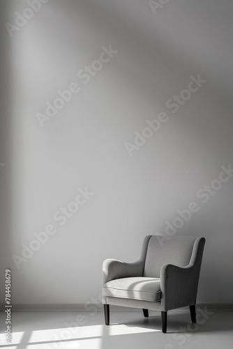 Contemporary armchair in a minimalist room with dramatic lighting, interior design concept. © Darya