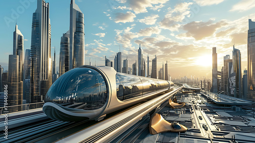 Future transport in a utopian city. Copy Space.