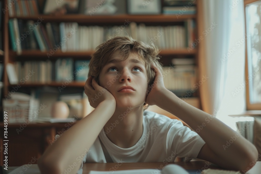 A boy sitting at a table with a book in front of him. Suitable for educational and learning concepts A boy sitting at a table with a book in front of him. Suitable for educational and learning concepts
