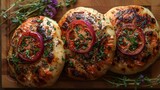   Three grilled chicken breasts atop a wooden cutting board, each covered with tomato slices Garnished with herbs