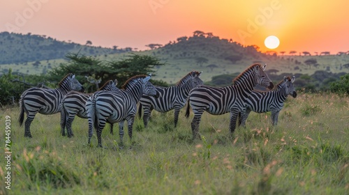   A herd of zebras atop a grassy field  silhouetted against a sunset  trees and hills in the backdrop