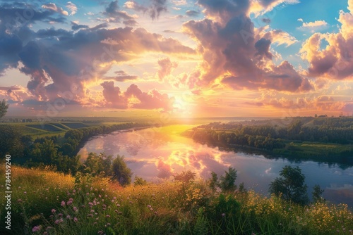 Beautiful sunset over river in a field, ideal for nature themed projects © Fotograf
