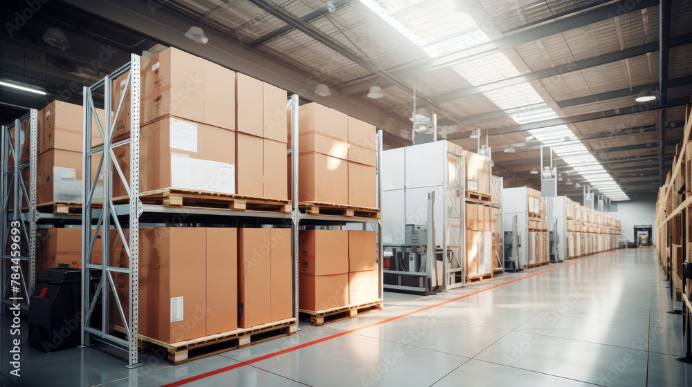 Warehouse with many boxes stacked on pallets Warehouse with many boxes stacked on pallets