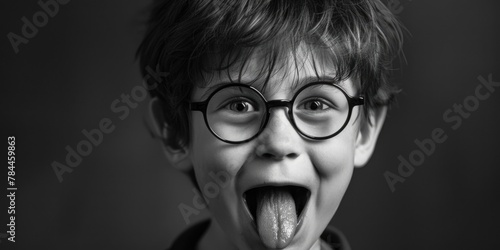 A young boy with glasses playfully sticking out his tongue. Perfect for educational materials or children's websites