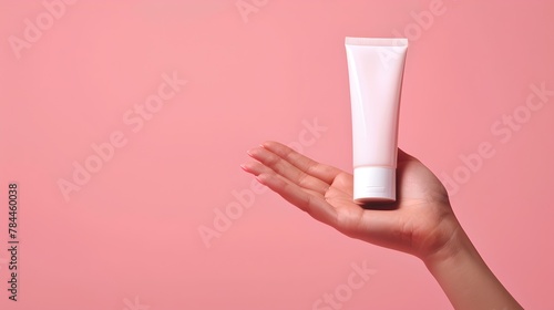 Wallpaper Mural Hand presenting a blank white tube on pastel pink background. Ideal for cosmetics branding. Simple, clean design. AI Torontodigital.ca