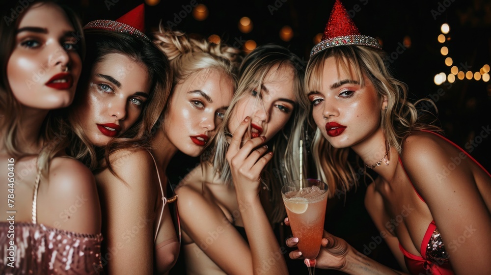 Group of women in party hats posing for a picture, suitable for celebrations and events