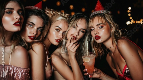 Group of women in party hats posing for a picture, suitable for celebrations and events