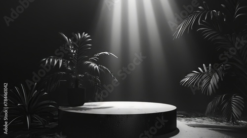 abstract monochromatic podium with plants, ultra hd, 4k
