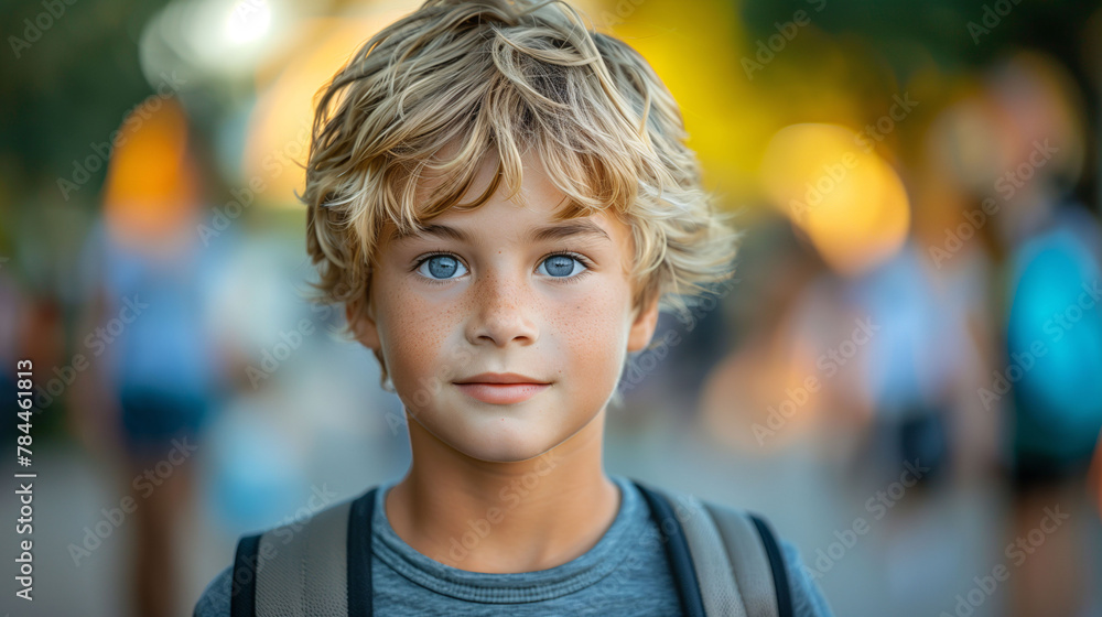 Portrait of a young boy with curly blonde hair and blue eyes, wearing a gray t-shirt and backpack, with a blurred background of people.