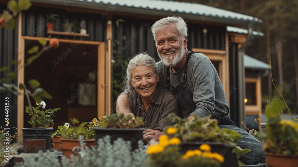 Smiling elderly couple embracing outside modern tiny house. Smiling elderly couple embracing outside modern tiny house.