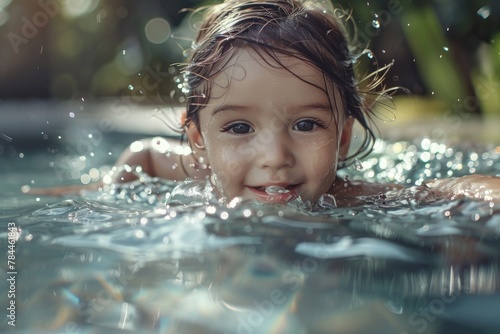 A little girl swimming in a pool of water. Suitable for summer-themed designs
