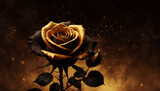 black and gold rose with gold dust like artistic concept of elegance with dark background with copy space, very realistic art illustration