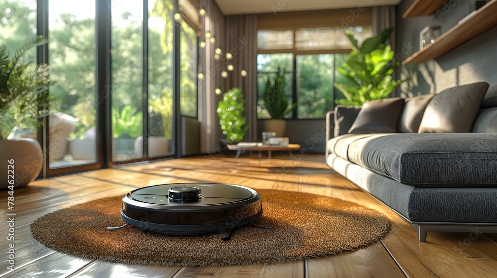 robotic vacuum cleaner on the floor in the living room robotic vacuum cleaner on the floor in the living room