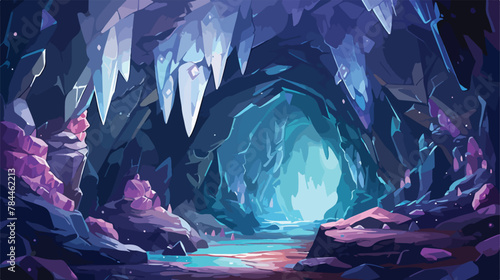 Mystical cave filled with glowing crystals and spar photo