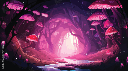 Mystical cave filled with glowing mushrooms and shi photo